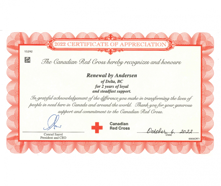 Red Cross Certificate of Appreciation Renewal by Andersen of British